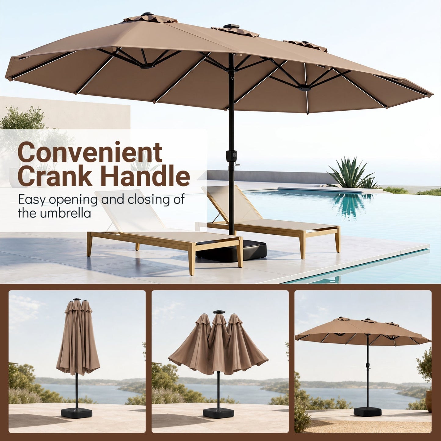 15.5’ Patio Umbrella with Solar LED Lights and Base