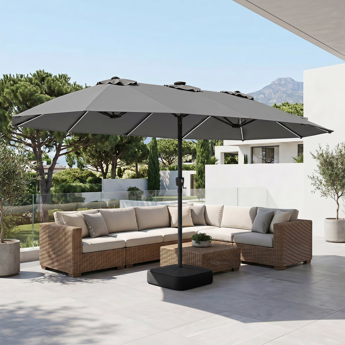 15.5’ Patio Umbrella with Solar LED Lights and Base