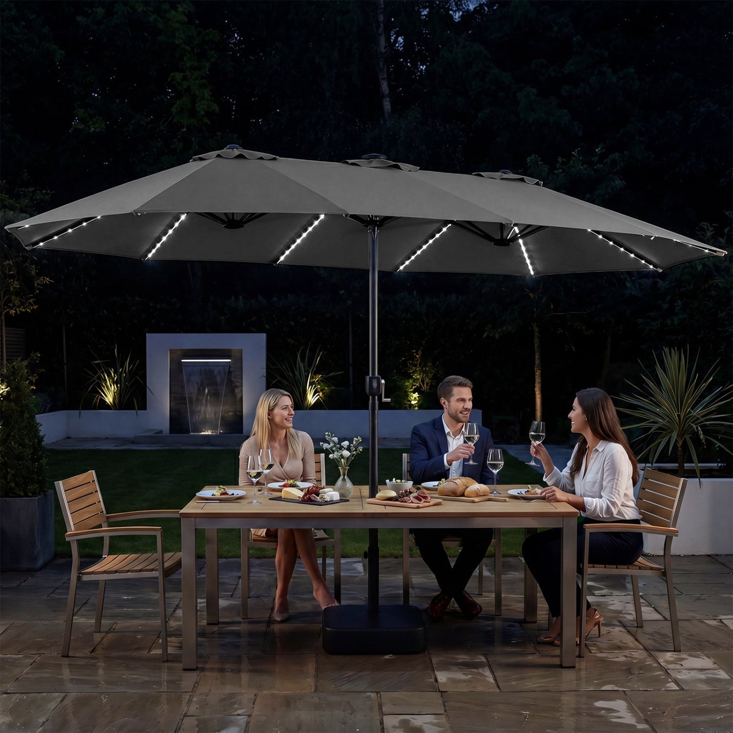 15.5’ Patio Umbrella with Solar LED Lights and Base