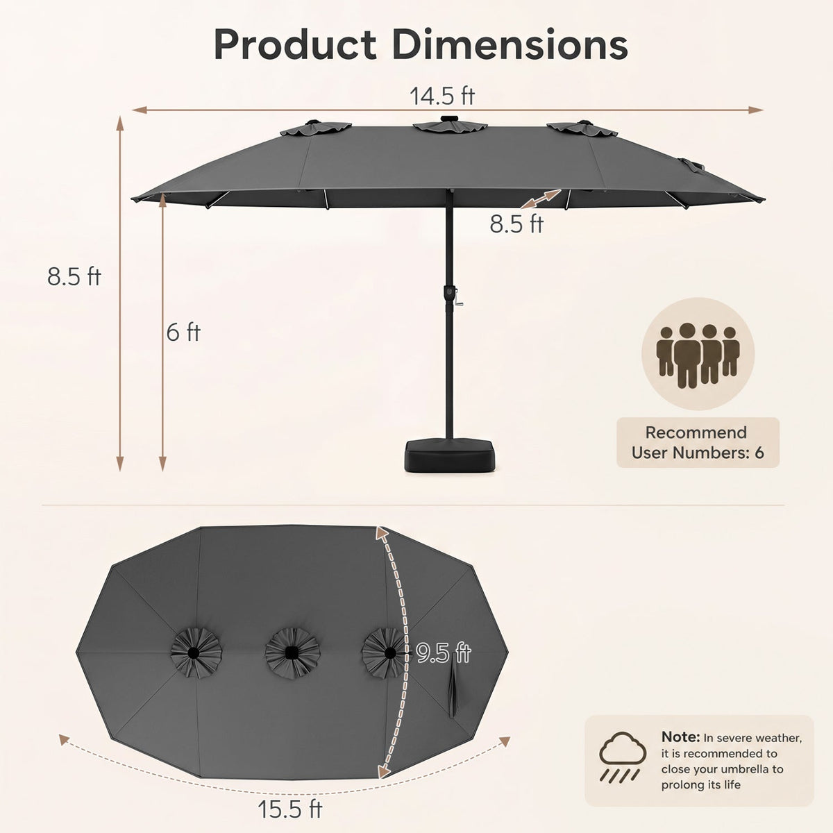 15.5’ Patio Umbrella with Solar LED Lights and Base
