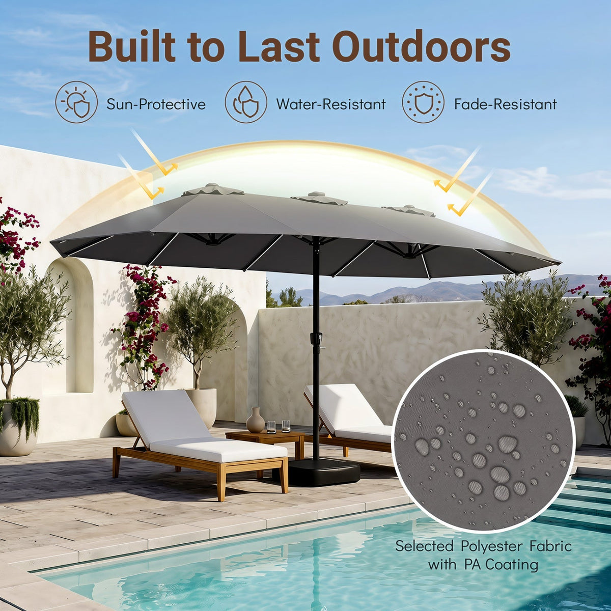 15.5’ Patio Umbrella with Solar LED Lights and Base