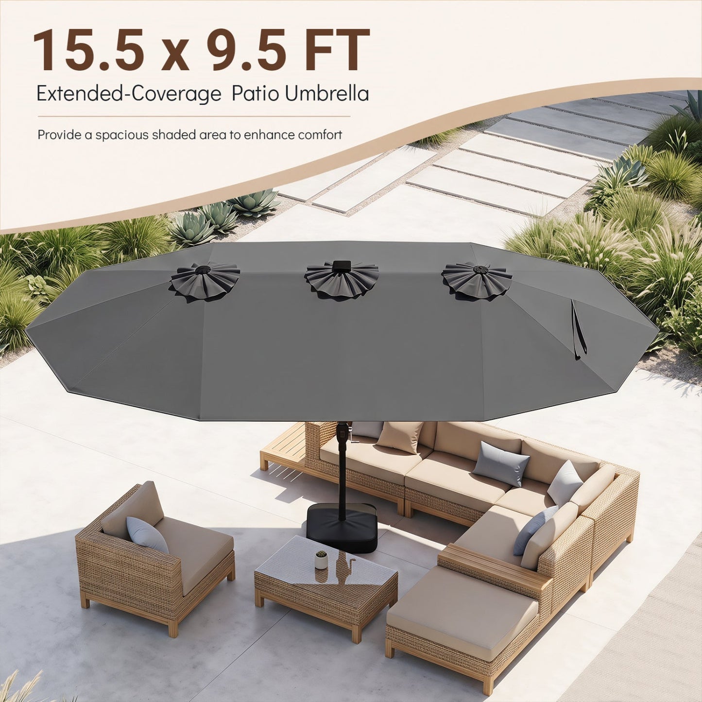 15.5’ Patio Umbrella with Solar LED Lights and Base
