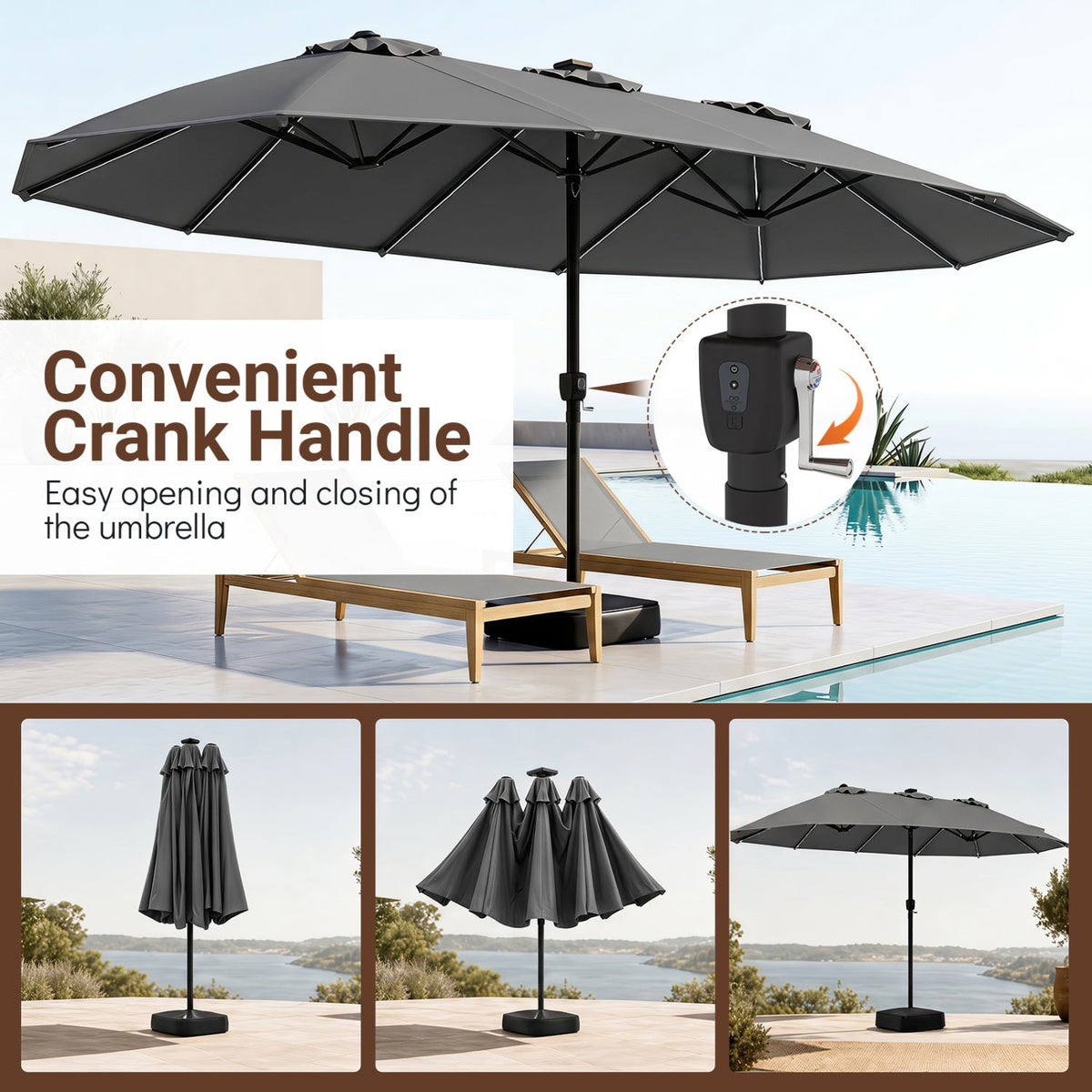 15.5’ Patio Umbrella with Solar LED Lights and Base
