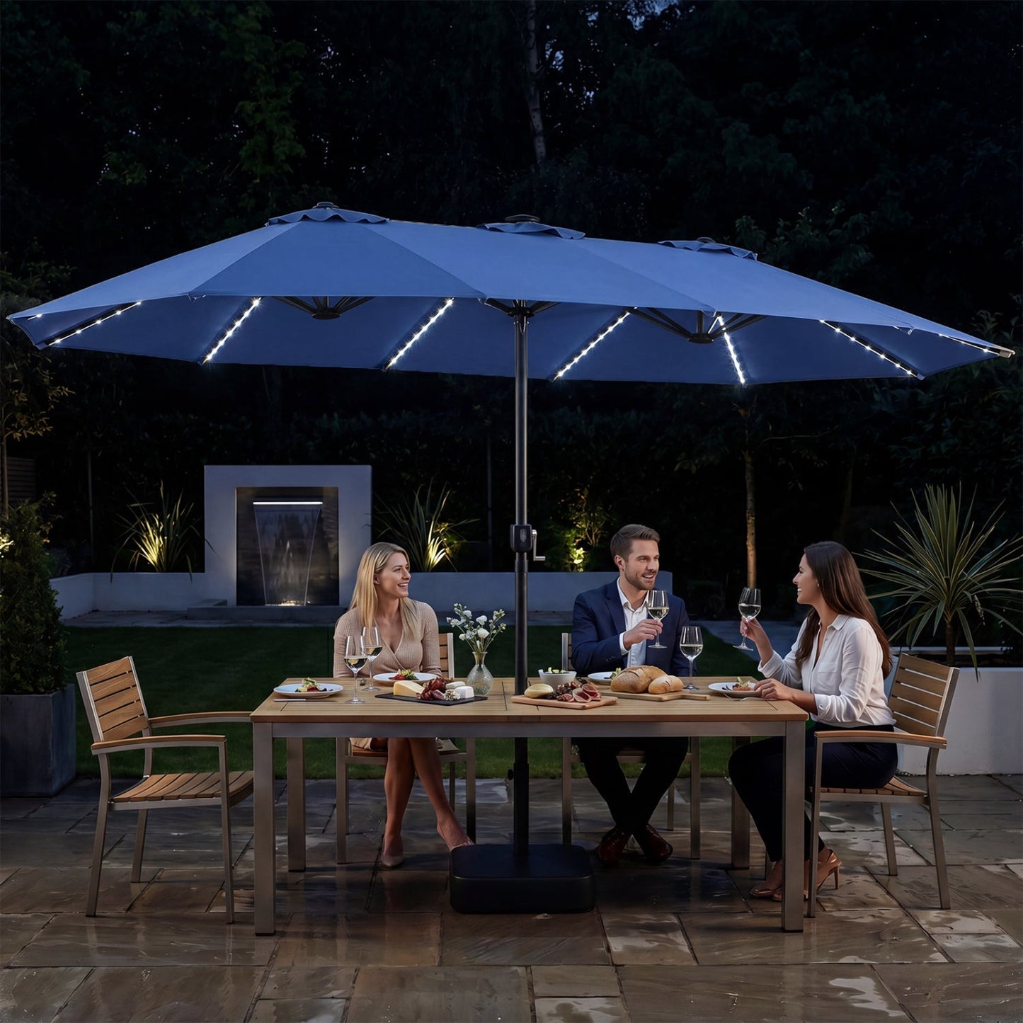 15.5’ Patio Umbrella with Solar LED Lights and Base