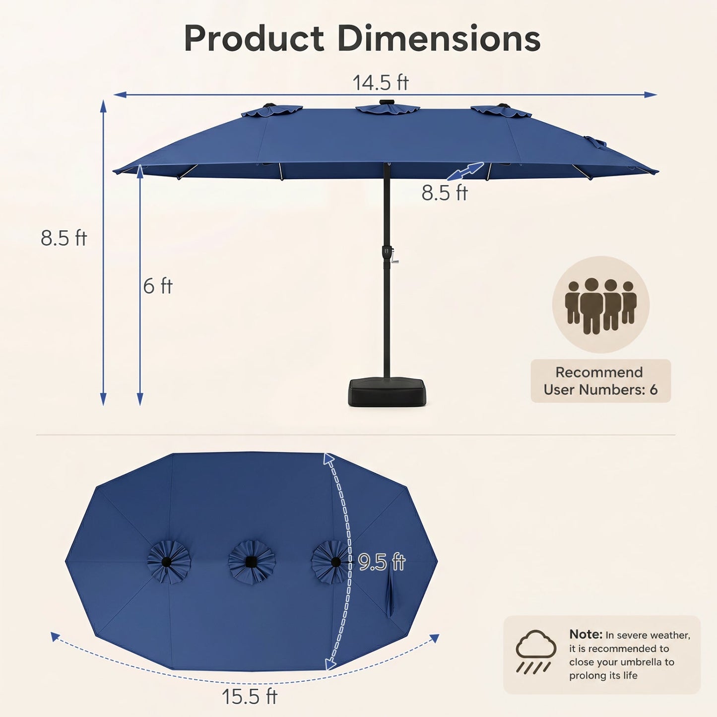 15.5’ Patio Umbrella with Solar LED Lights and Base