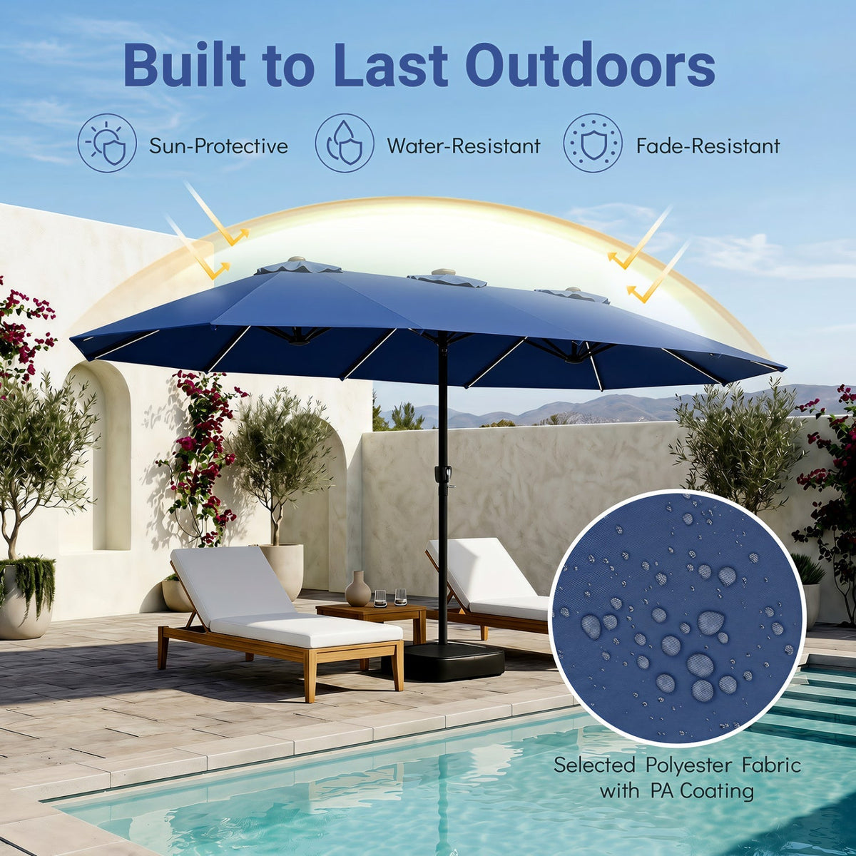 15.5’ Patio Umbrella with Solar LED Lights and Base