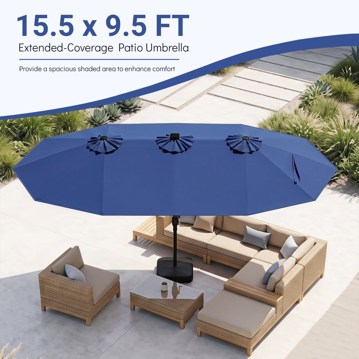 15.5’ Patio Umbrella with Solar LED Lights and Base