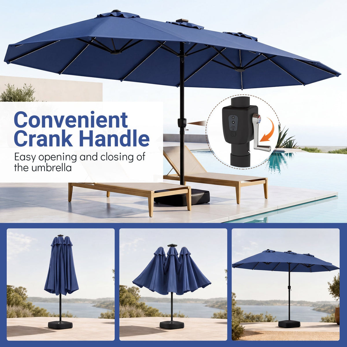 15.5’ Patio Umbrella with Solar LED Lights and Base