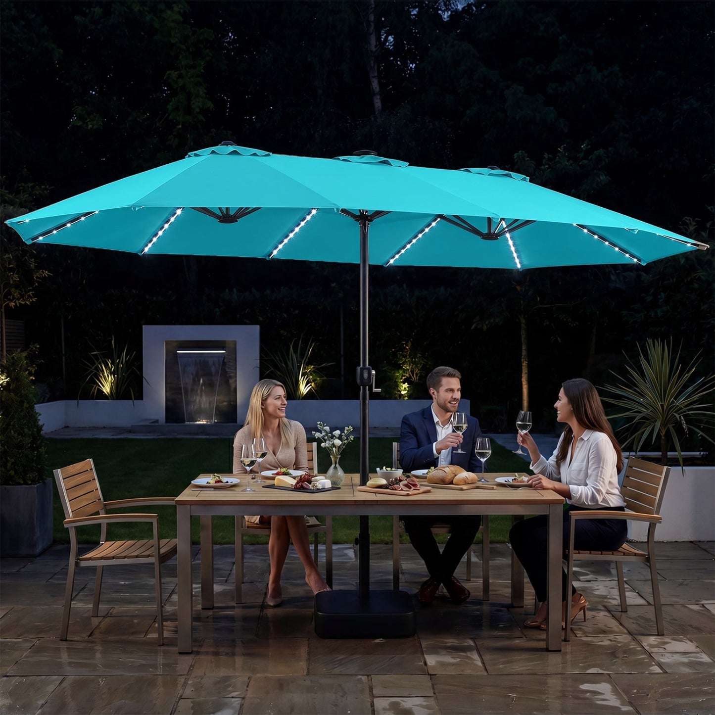15.5’ Patio Umbrella with Solar LED Lights and Base