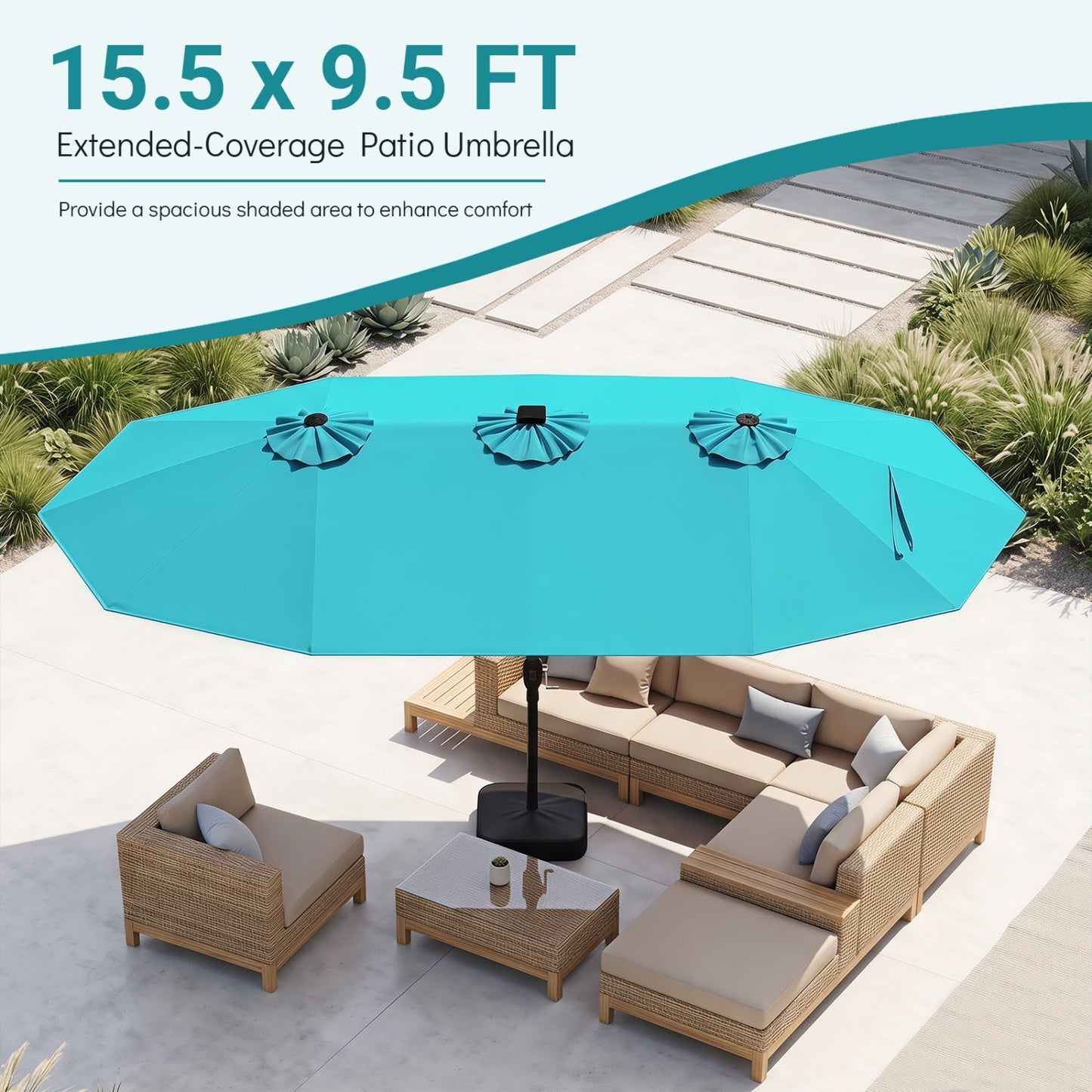 15.5’ Patio Umbrella with Solar LED Lights and Base