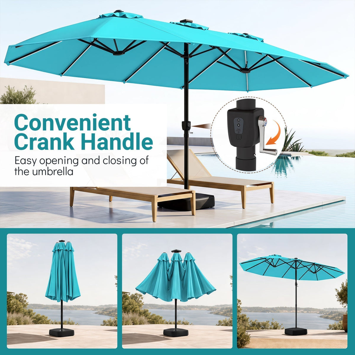 15.5’ Patio Umbrella with Solar LED Lights and Base