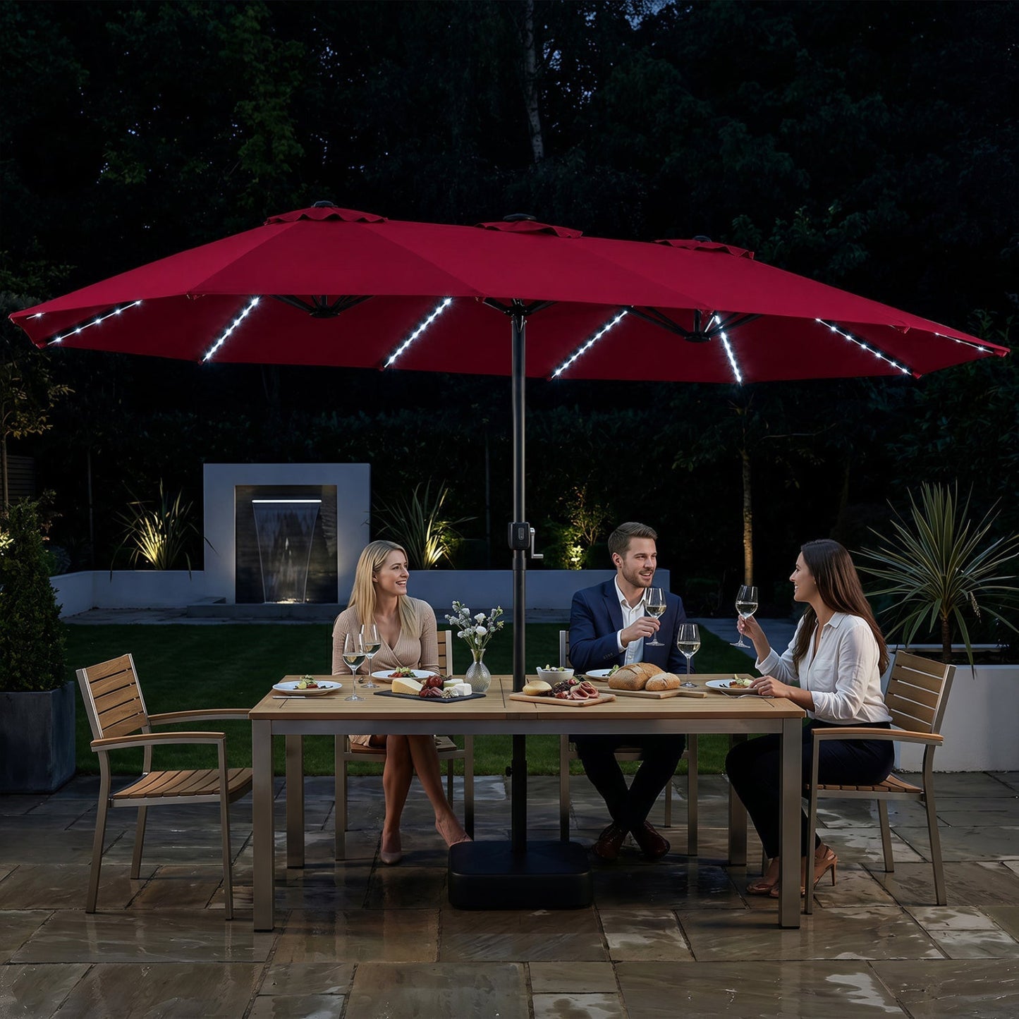 15.5’ Patio Umbrella with Solar LED Lights and Base