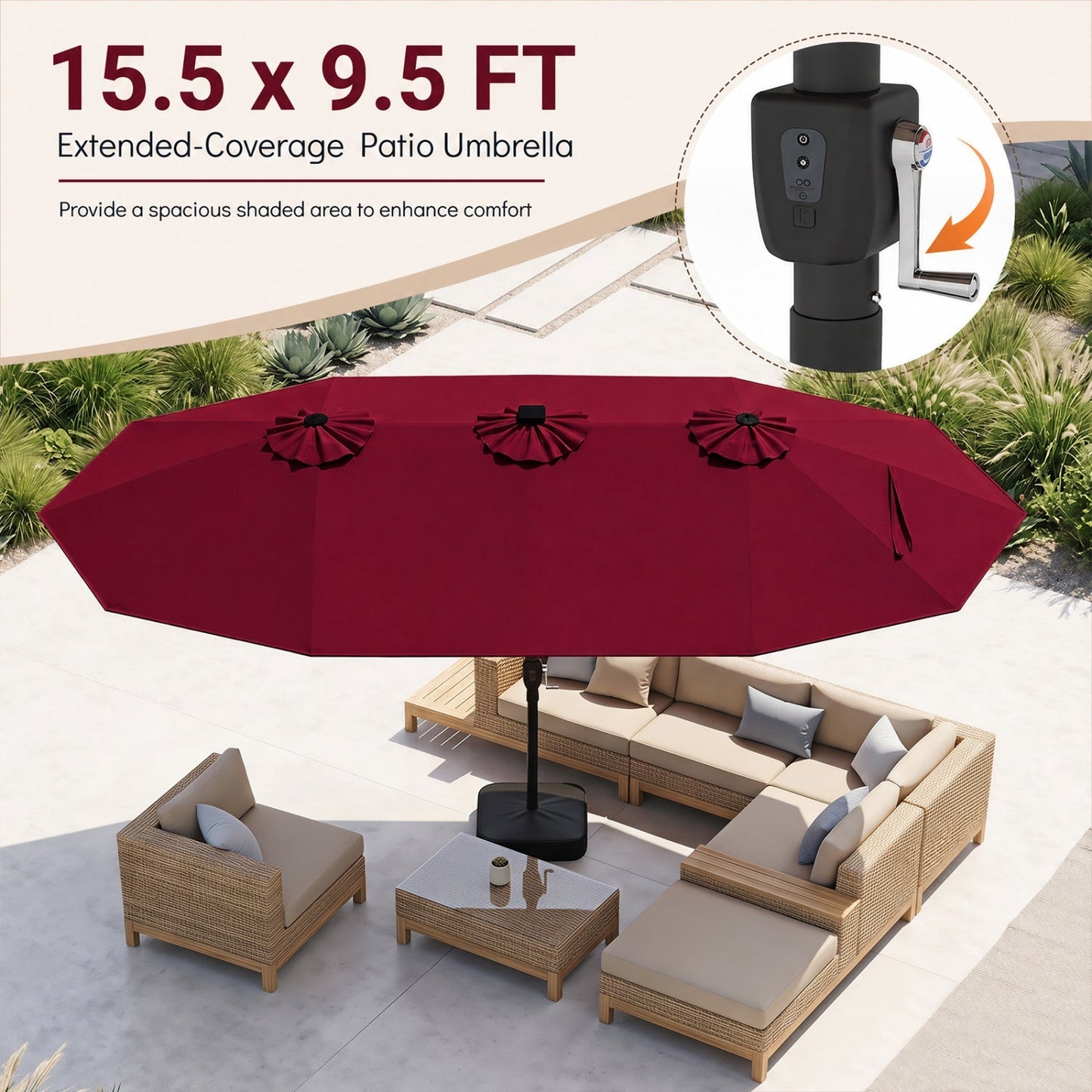 15.5’ Patio Umbrella with Solar LED Lights and Base