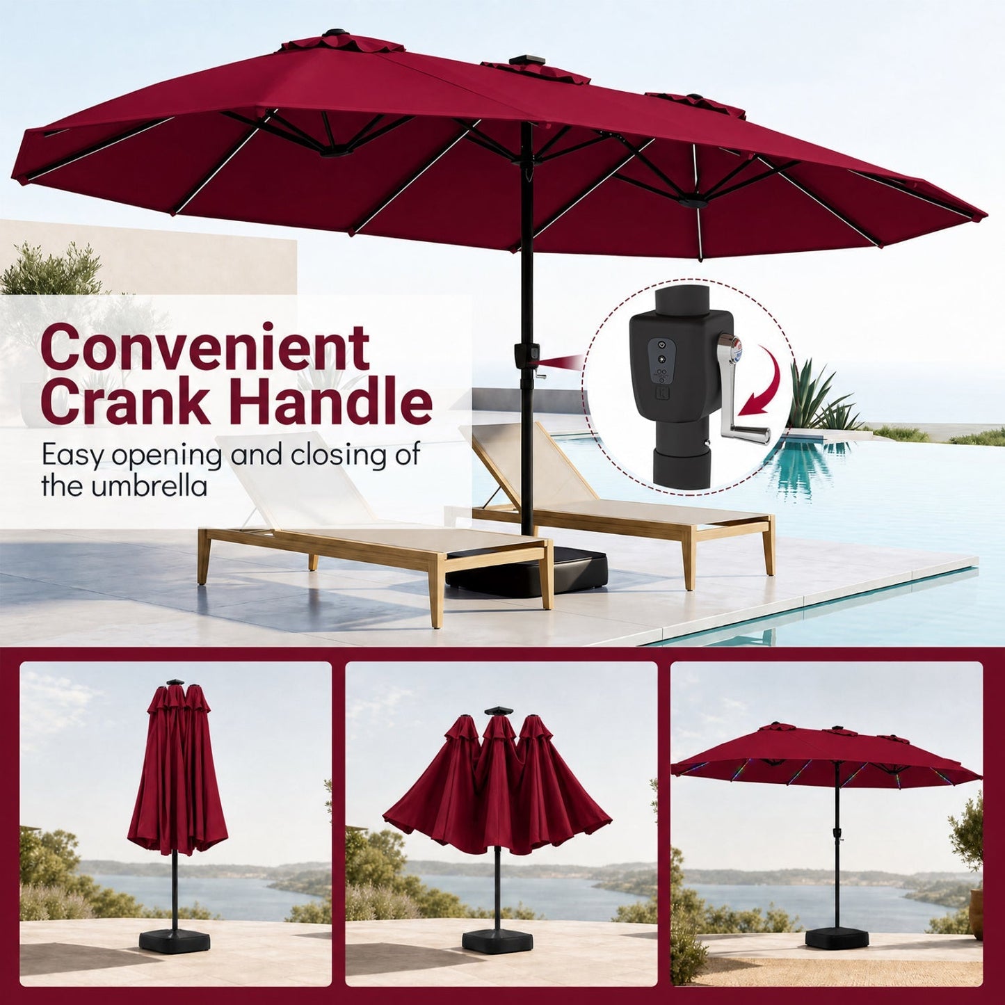15.5’ Patio Umbrella with Solar LED Lights and Base