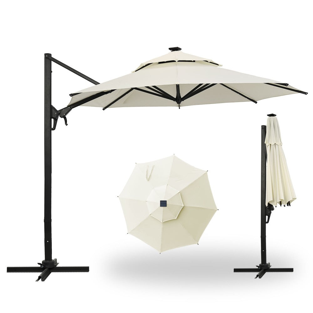 Ainfox 10-Ft. Cantilever Patio Umbrella with LED Lights and Cross Base, Double-Top Heavy-Duty Outdoor Offset Umbrella with 360° Rotation, Solar-Powered Lighting, Aluminum Frame and 5-Year Non-Fading Fabric