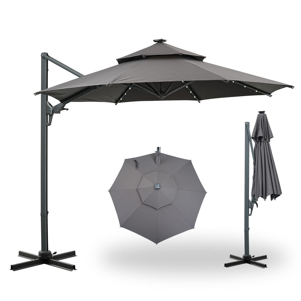 Ainfox 10-Ft. Cantilever Patio Umbrella with LED Lights and Cross Base, Double-Top Heavy-Duty Outdoor Offset Umbrella with 360° Rotation, Solar-Powered Lighting, Aluminum Frame and 5-Year Non-Fading Fabric