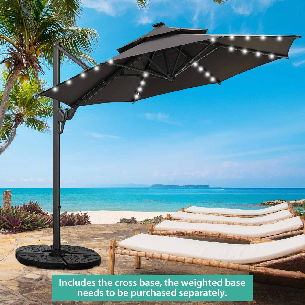 Ainfox 10-Ft. Cantilever Patio Umbrella with LED Lights and Cross Base, Double-Top Heavy-Duty Outdoor Offset Umbrella with 360° Rotation, Solar-Powered Lighting, Aluminum Frame and 5-Year Non-Fading Fabric