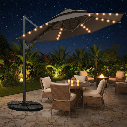 10’ Ainfox Cantilever Patio Umbrella with LED Lights and Cross Base, Double-Top Heavy-Duty Outdoor Offset Umbrella with 360° Rotation, Solar-Powered Lighting, Aluminum Frame and 5-Year Non-Fading Fabric