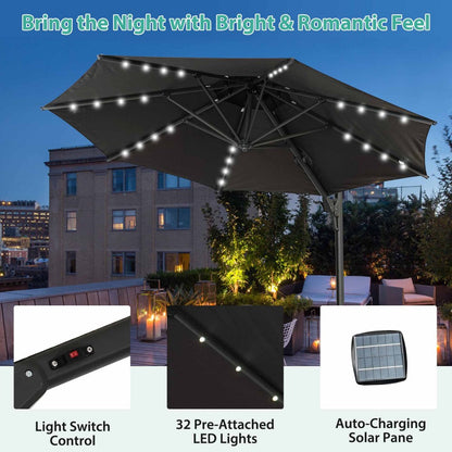 Ainfox 10-Ft. Cantilever Patio Umbrella with LED Lights and Cross Base, Double-Top Heavy-Duty Outdoor Offset Umbrella with 360° Rotation, Solar-Powered Lighting, Aluminum Frame and 5-Year Non-Fading Fabric