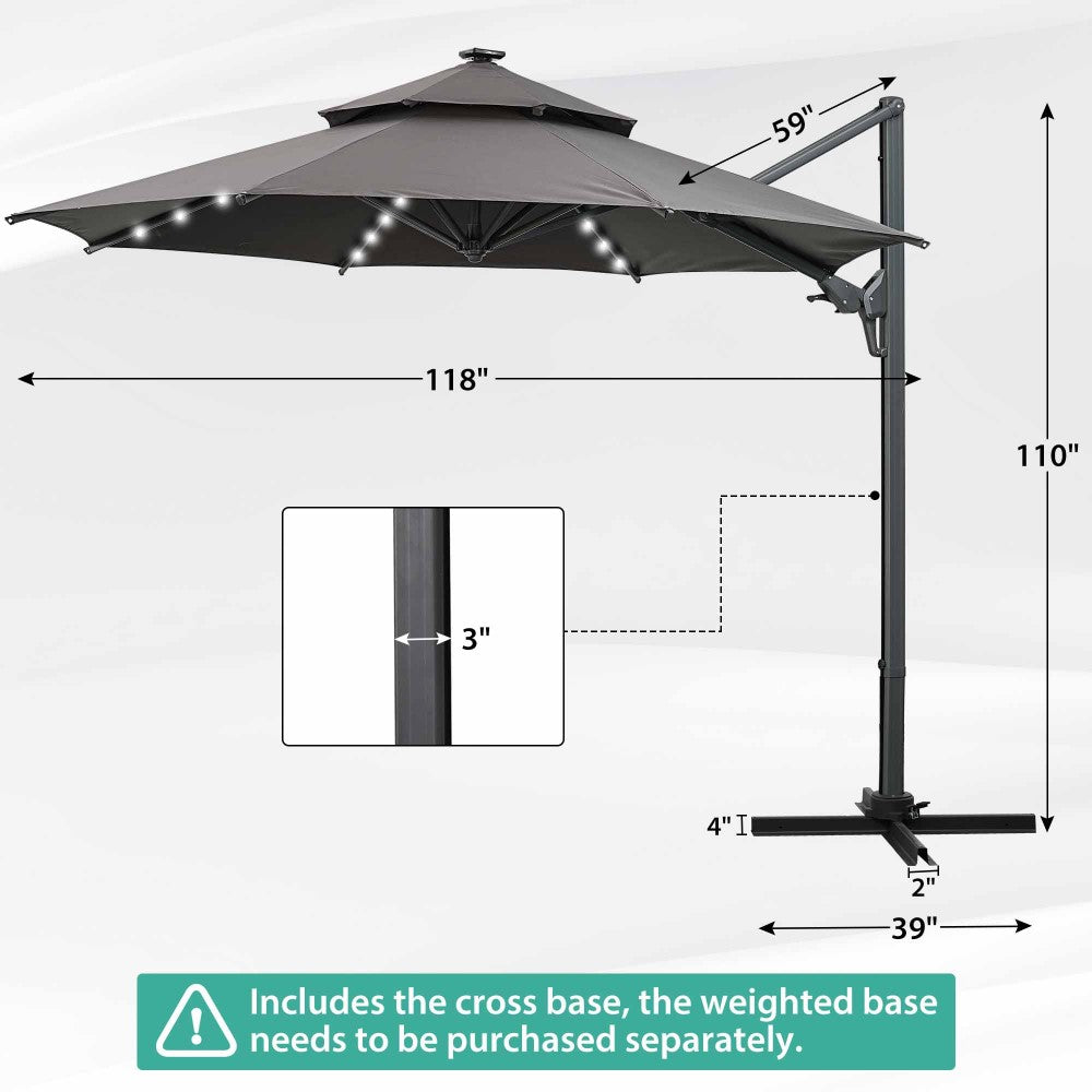 Ainfox 10-Ft. Cantilever Patio Umbrella with LED Lights and Cross Base, Double-Top Heavy-Duty Outdoor Offset Umbrella with 360° Rotation, Solar-Powered Lighting, Aluminum Frame and 5-Year Non-Fading Fabric