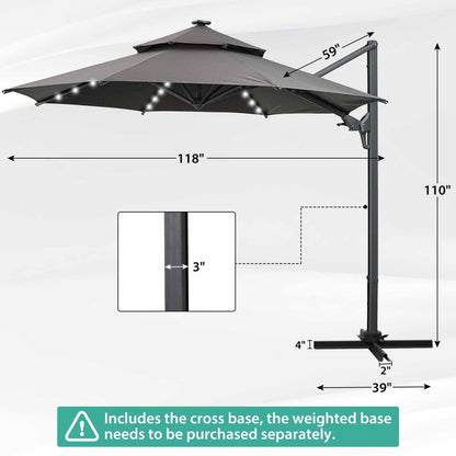 Ainfox 10-Ft. Cantilever Patio Umbrella with LED Lights and Cross Base, Double-Top Heavy-Duty Outdoor Offset Umbrella with 360° Rotation, Solar-Powered Lighting, Aluminum Frame and 5-Year Non-Fading Fabric