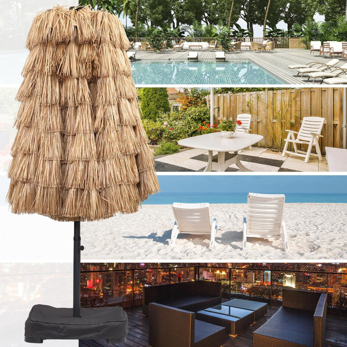15’ Ainfox Large Thatched Tiki Patio Umbrella with Lights and Weighted Sandbags, Outdoor Heavy-Duty Double-Sided Rectangle Market Umbrella for Garden, Deck, Backyard, Pool, Beach