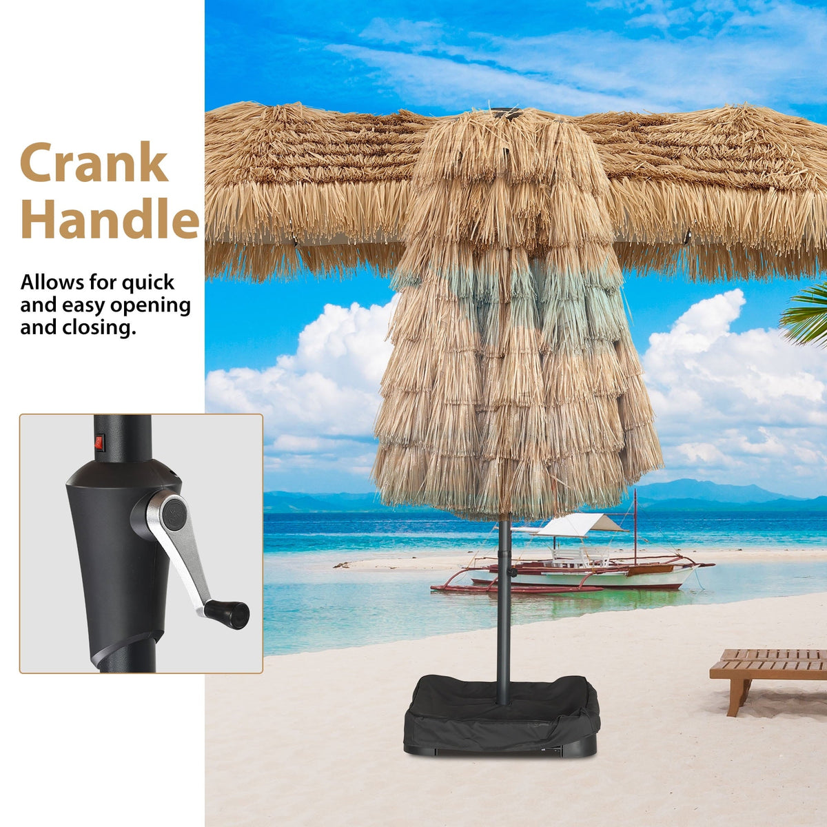 15’ Ainfox Large Thatched Tiki Patio Umbrella with Lights and Weighted Sandbags, Outdoor Heavy-Duty Double-Sided Rectangle Market Umbrella for Garden, Deck, Backyard, Pool, Beach