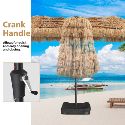15’ Ainfox Large Thatched Tiki Patio Umbrella with Lights and Weighted Sandbags, Outdoor Heavy-Duty Double-Sided Rectangle Market Umbrella for Garden, Deck, Backyard, Pool, Beach