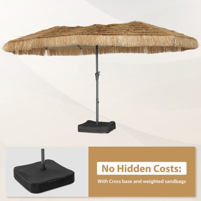 15’ Ainfox Large Thatched Tiki Patio Umbrella with Lights and Weighted Sandbags, Outdoor Heavy-Duty Double-Sided Rectangle Market Umbrella for Garden, Deck, Backyard, Pool, Beach
