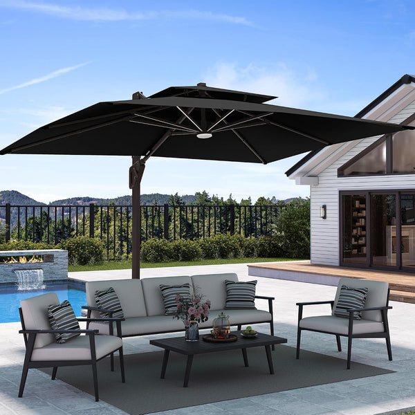 9' X 12' Patio Umbrella with LED Lights Outdoor Cantilever Large Rectangle Offset Umbrellas Heavy Duty Aluminum Double Top with 360-Degree Rotation for Pool Garden Deck, Black
