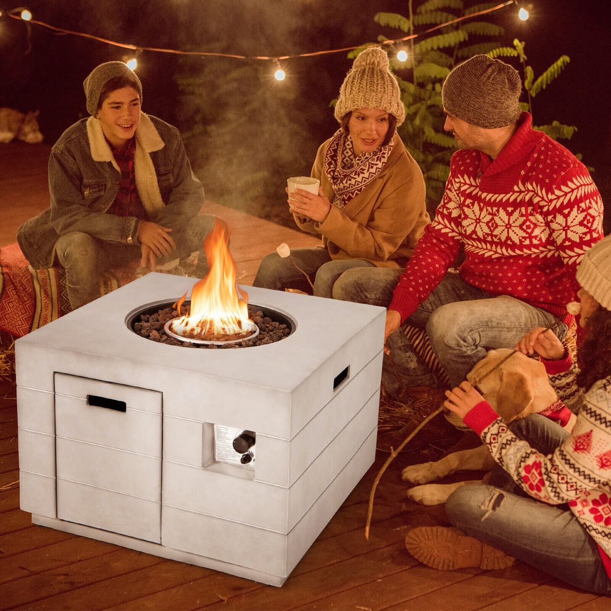 34-Inch Square Gray Concrete Propane Fire Pit Table, 50K BTU – Includes Lava Rocks & Cover