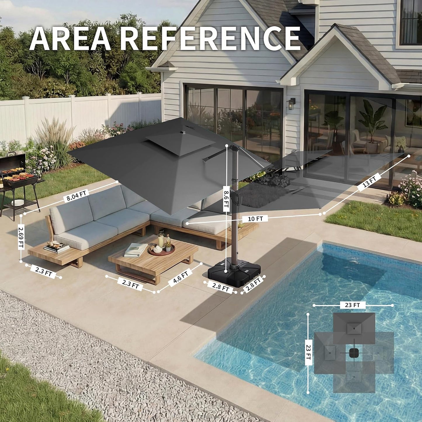 10 X 13 FT Cantilever Patio Umbrella with LED Lights Outdoor Heavy Duty Double Top Windproof Rectangle Offset Umbrellas with 360-Degree Rotation for Pool Deck Backyard, Grey