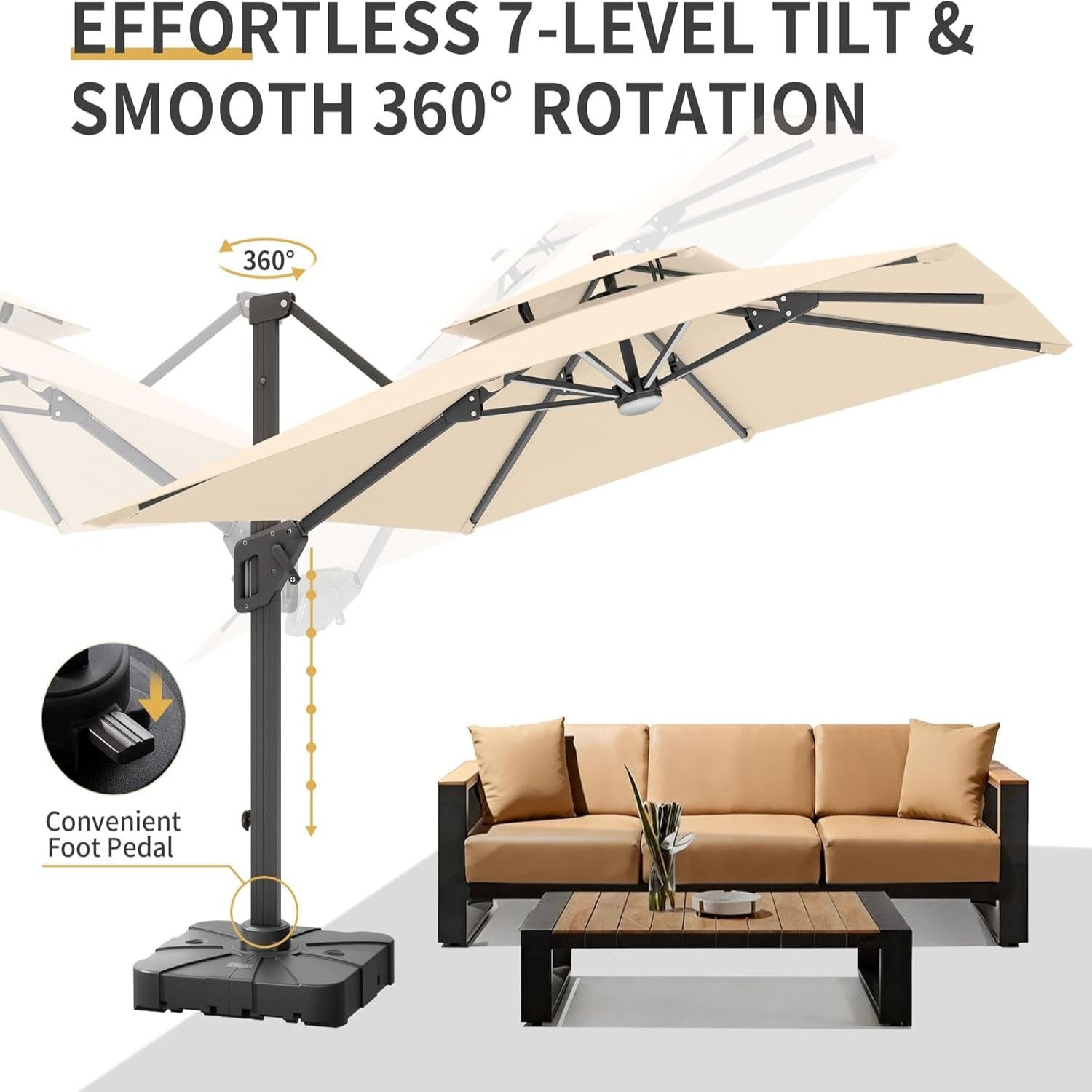 10 X 13 FT Cantilever Patio Umbrella with Base Included & Led Lights Outdoor Rectangle Offset Large Double Top Heavy Duty Umbrellas 360°Rotation for Pool Deck Backyard,Beige