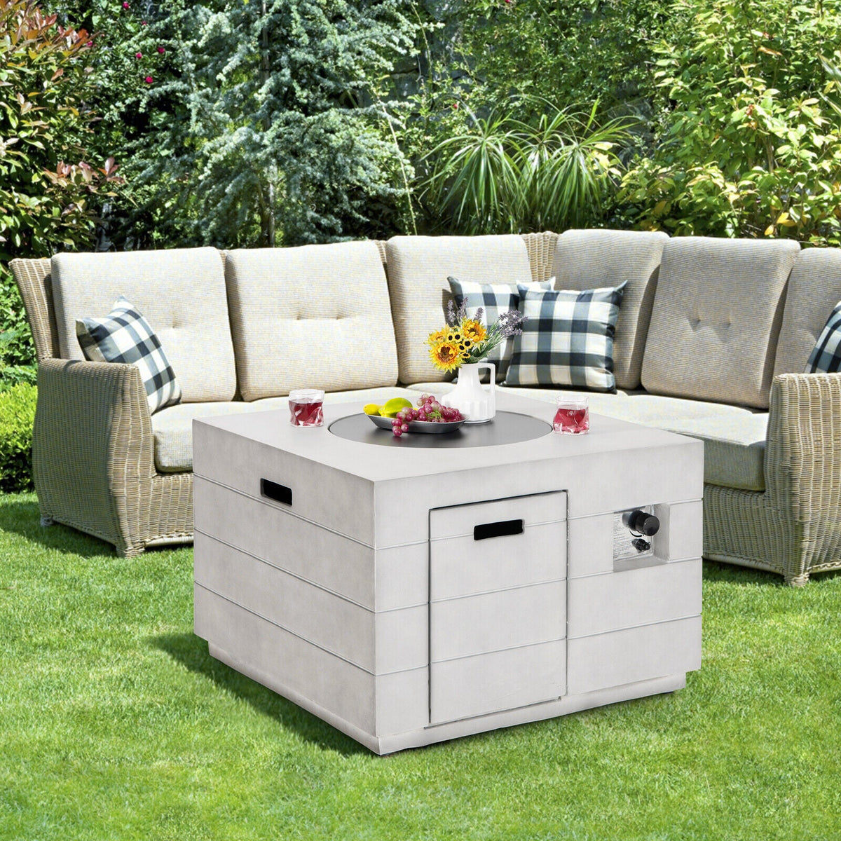 34-Inch Square Gray Concrete Propane Fire Pit Table, 50K BTU – Includes Lava Rocks & Cover