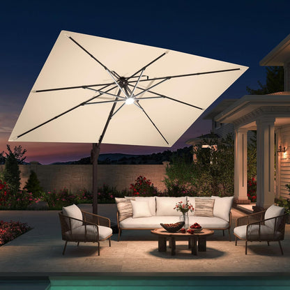 10 X 13 FT Cantilever Patio Umbrella with Base Included & Led Lights Outdoor Rectangle Offset Large Double Top Heavy Duty Umbrellas 360°Rotation for Pool Deck Backyard,Beige