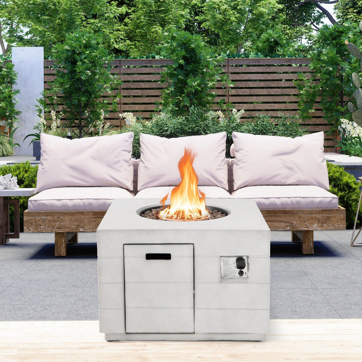 34-Inch Square Gray Concrete Propane Fire Pit Table, 50K BTU – Includes Lava Rocks & Cover