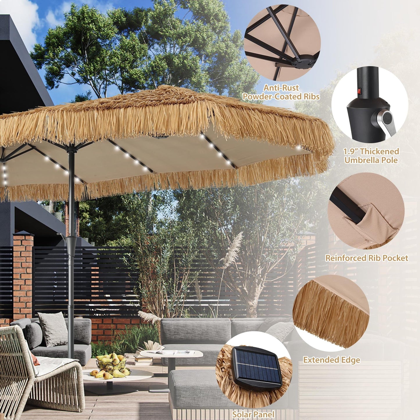 15’ Ainfox Large Thatched Tiki Patio Umbrella with Lights and Weighted Sandbags, Outdoor Heavy-Duty Double-Sided Rectangle Market Umbrella for Garden, Deck, Backyard, Pool, Beach