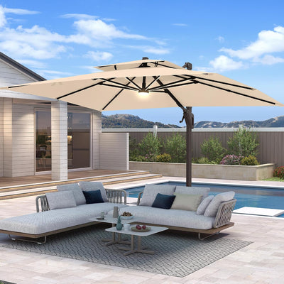 10' x 13' Cantilever Patio Umbrella with Base Included, LED Lights, Heavy-Duty Double-Top Outdoor Rectangle Offset Umbrella with 360° Rotation for Pool, Deck & Backyard, Beige