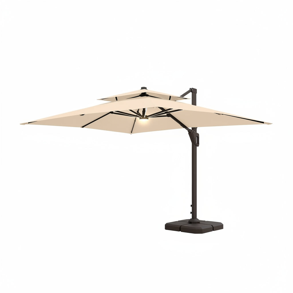 10 X 13 FT Cantilever Patio Umbrella with Base Included & Led Lights Outdoor Rectangle Offset Large Double Top Heavy Duty Umbrellas 360°Rotation for Pool Deck Backyard,Beige