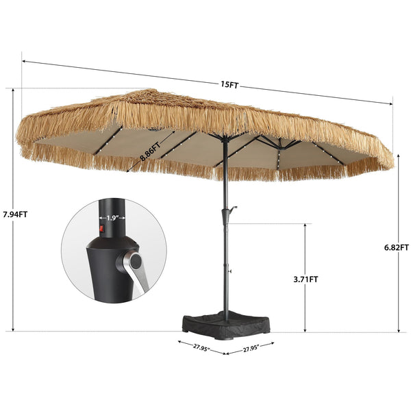 15’ Ainfox Large Thatched Tiki Patio Umbrella with Lights and Weighted Sandbags, Outdoor Heavy-Duty Double-Sided Rectangle Market Umbrella for Garden, Deck, Backyard, Pool, Beach