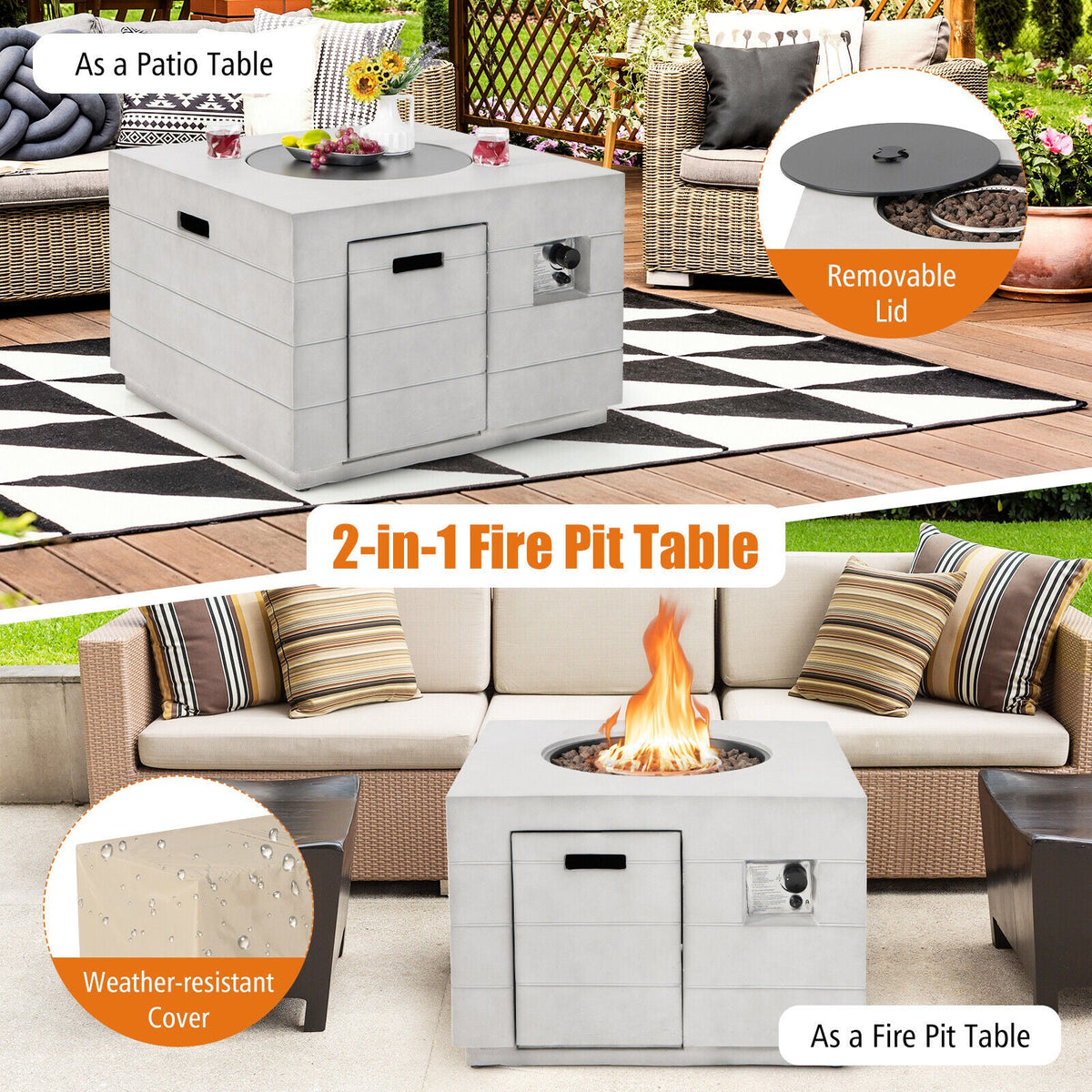 34-Inch Square Gray Concrete Propane Fire Pit Table, 50K BTU – Includes Lava Rocks & Cover