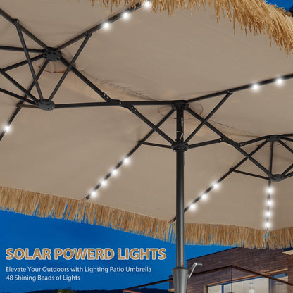 15’ Ainfox Large Thatched Tiki Patio Umbrella with Lights and Weighted Sandbags, Outdoor Heavy-Duty Double-Sided Rectangle Market Umbrella for Garden, Deck, Backyard, Pool, Beach