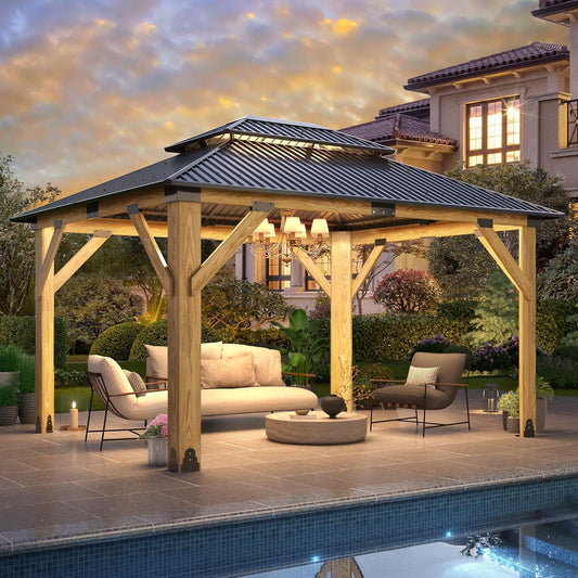 11X13Ft Wood Gazebo, Outdoor Wooden Gazebo with Glavanized Steel Double Roof, Hardtop Gazebos for Garden, Patio, Deck, Backyard
