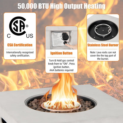 34-Inch Square Gray Concrete Propane Fire Pit Table, 50K BTU – Includes Lava Rocks & Cover