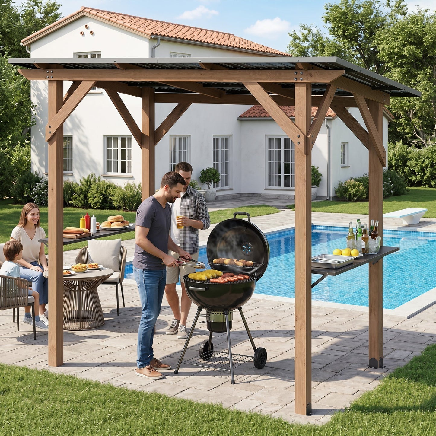 8.6' x 5' Cedar Wood Grill Gazebo with Serving Shelves