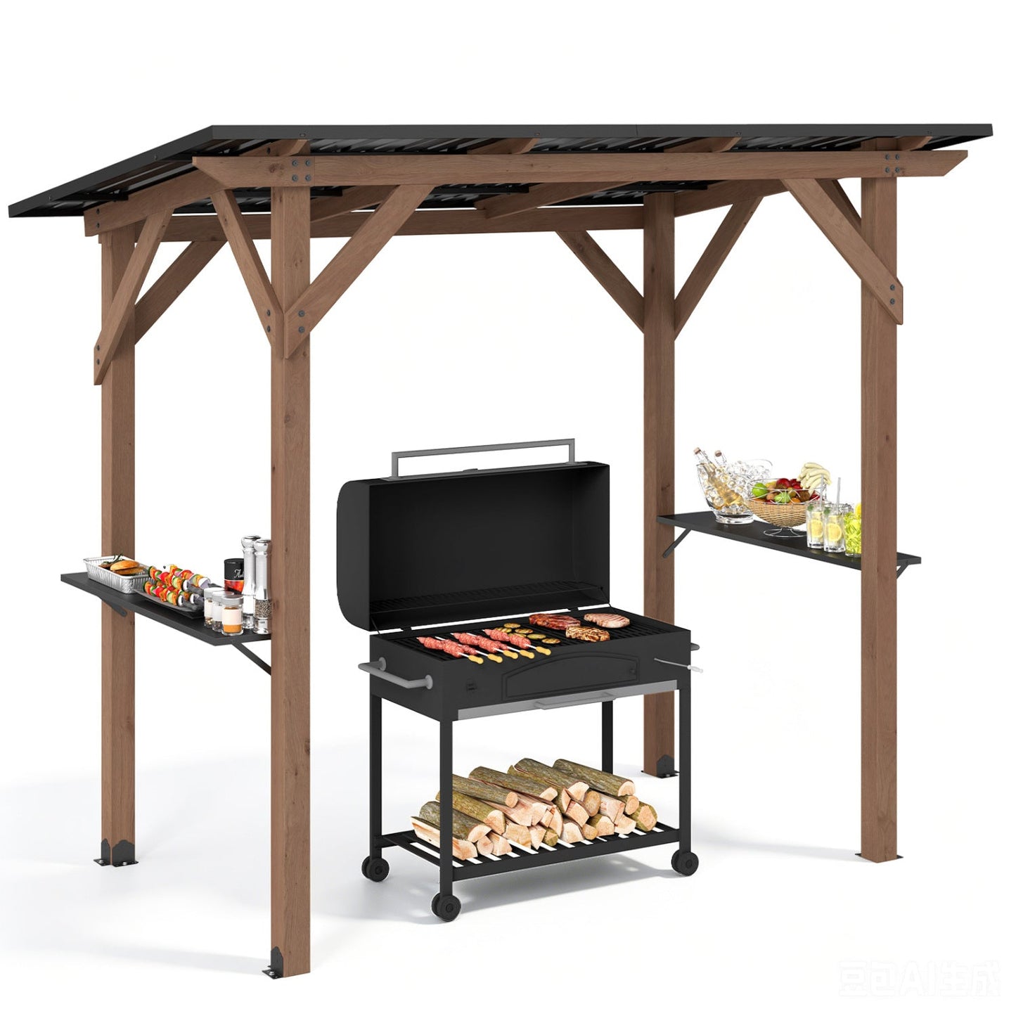 8.6' x 5' Cedar Wood Grill Gazebo with Serving Shelves