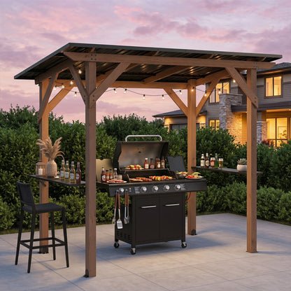 8.6' x 5' Cedar Wood Grill Gazebo with Serving Shelves