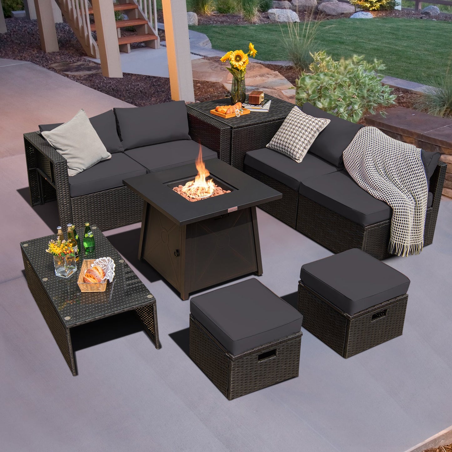 9-Piece Weatherproof Rattan Patio Conversation Set with 30-In. Propane Fire Pit Table and Dust Covers