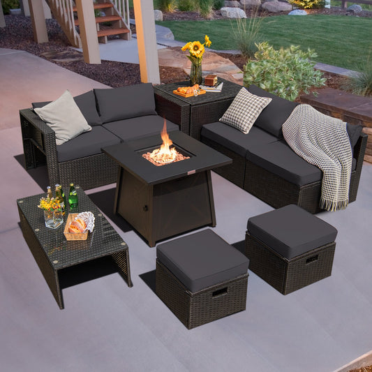 9-Piece Weatherproof Rattan Patio Conversation Set with 30-In. Propane Fire Pit Table and Dust Covers