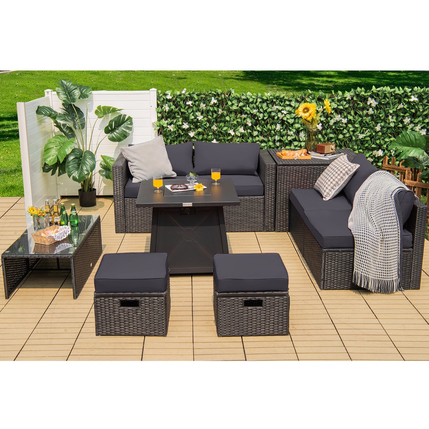9-Piece Weatherproof Rattan Patio Conversation Set with 30-In. Propane Fire Pit Table and Dust Covers
